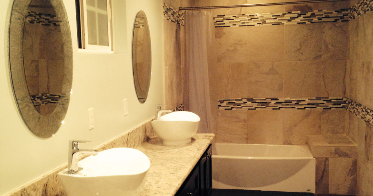 Two vessel sinks in bathroom