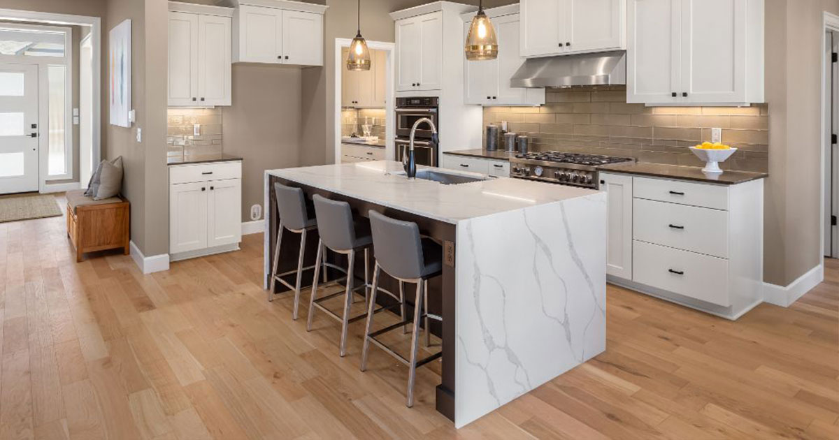 quartz waterfall countertop kitchen island