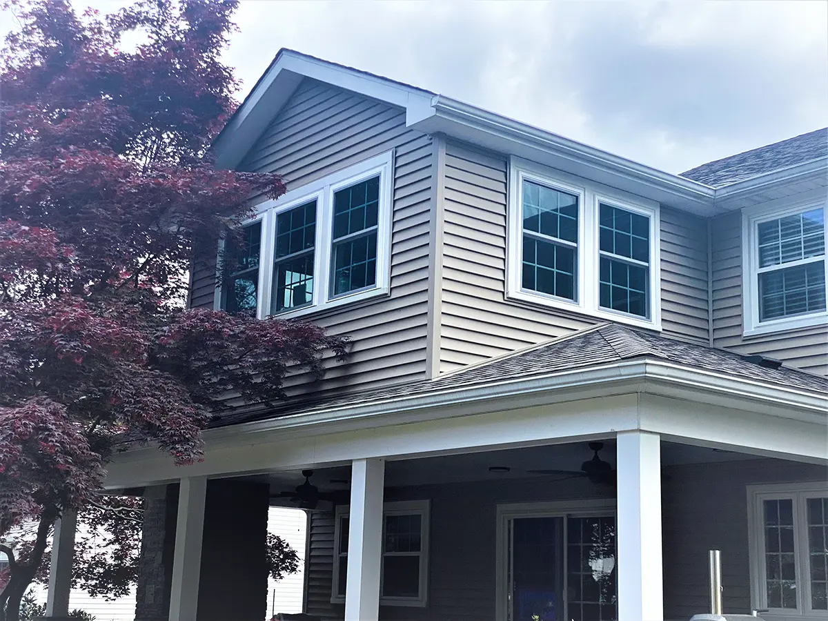 The exterior of a beige home